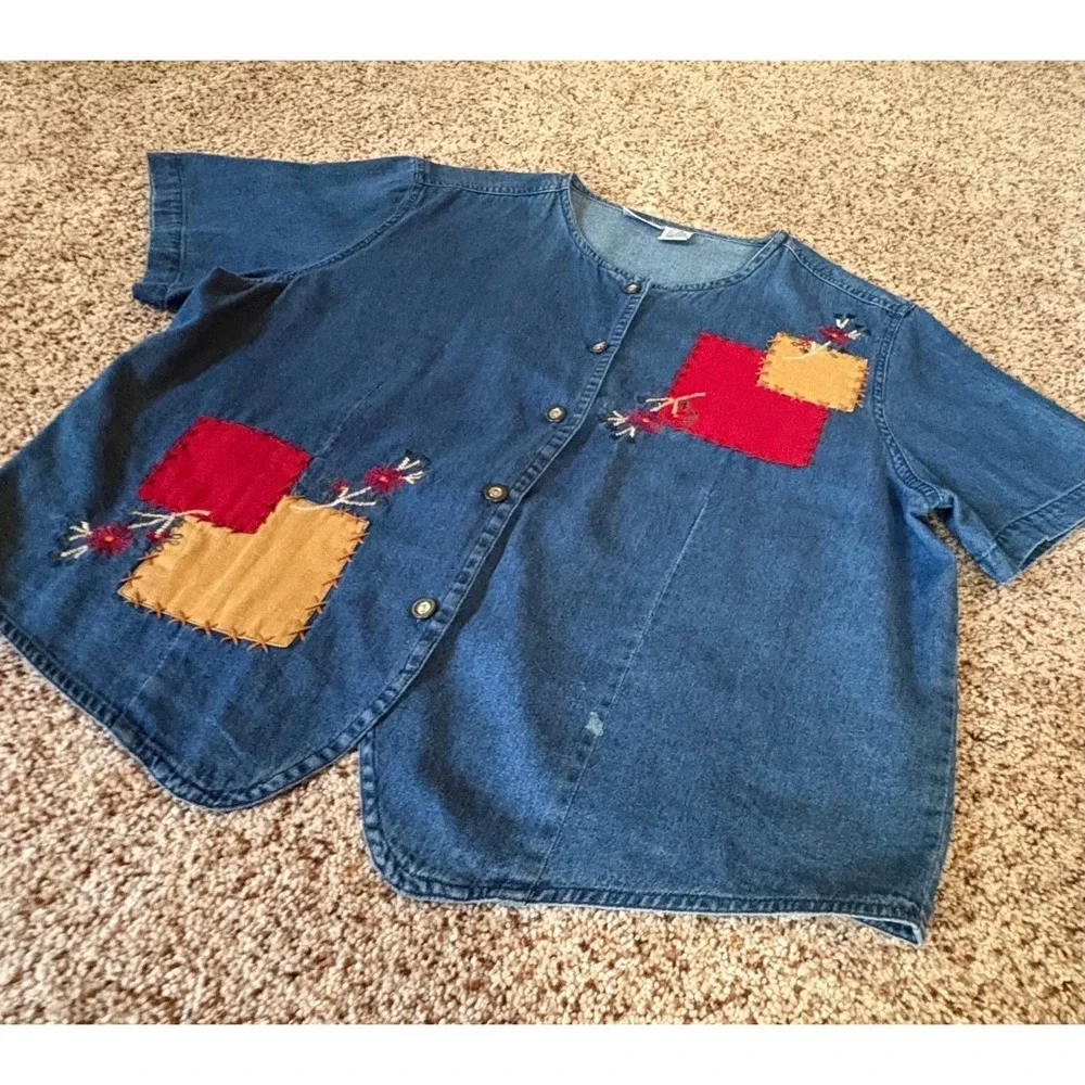Sun River Women Jumper Dress Jacket Set PL PXL Blue Denim‎ Patchwork Floral Maxi